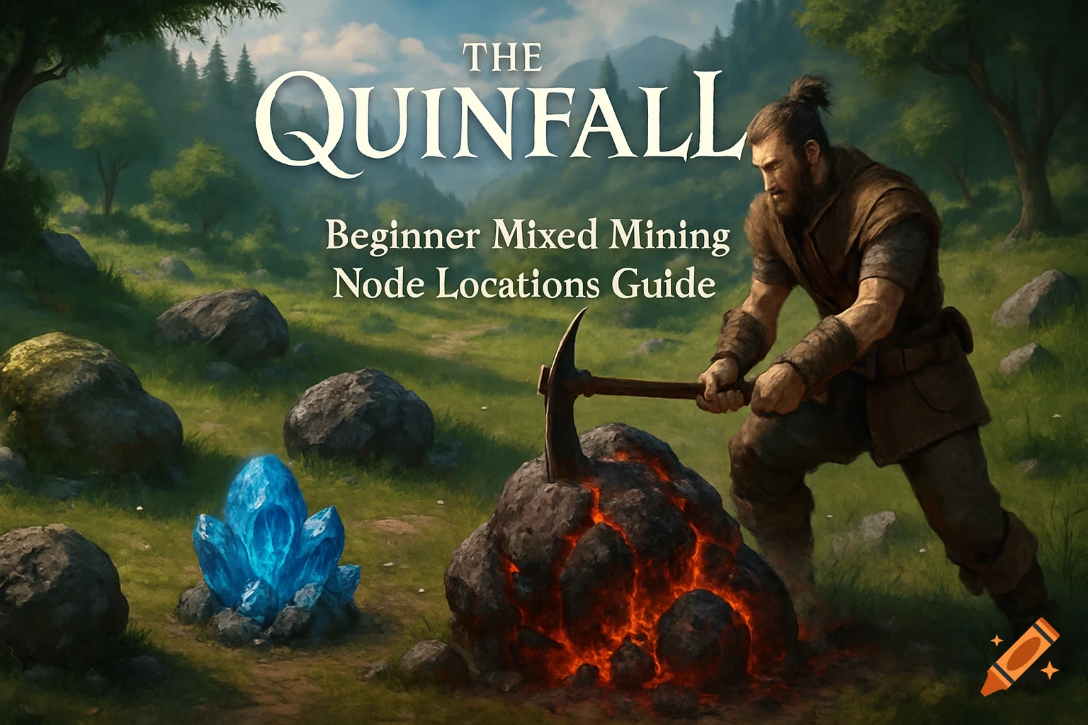 Fantasy image of a man mining a glowing rock, with a blue crystal and title text overlay.