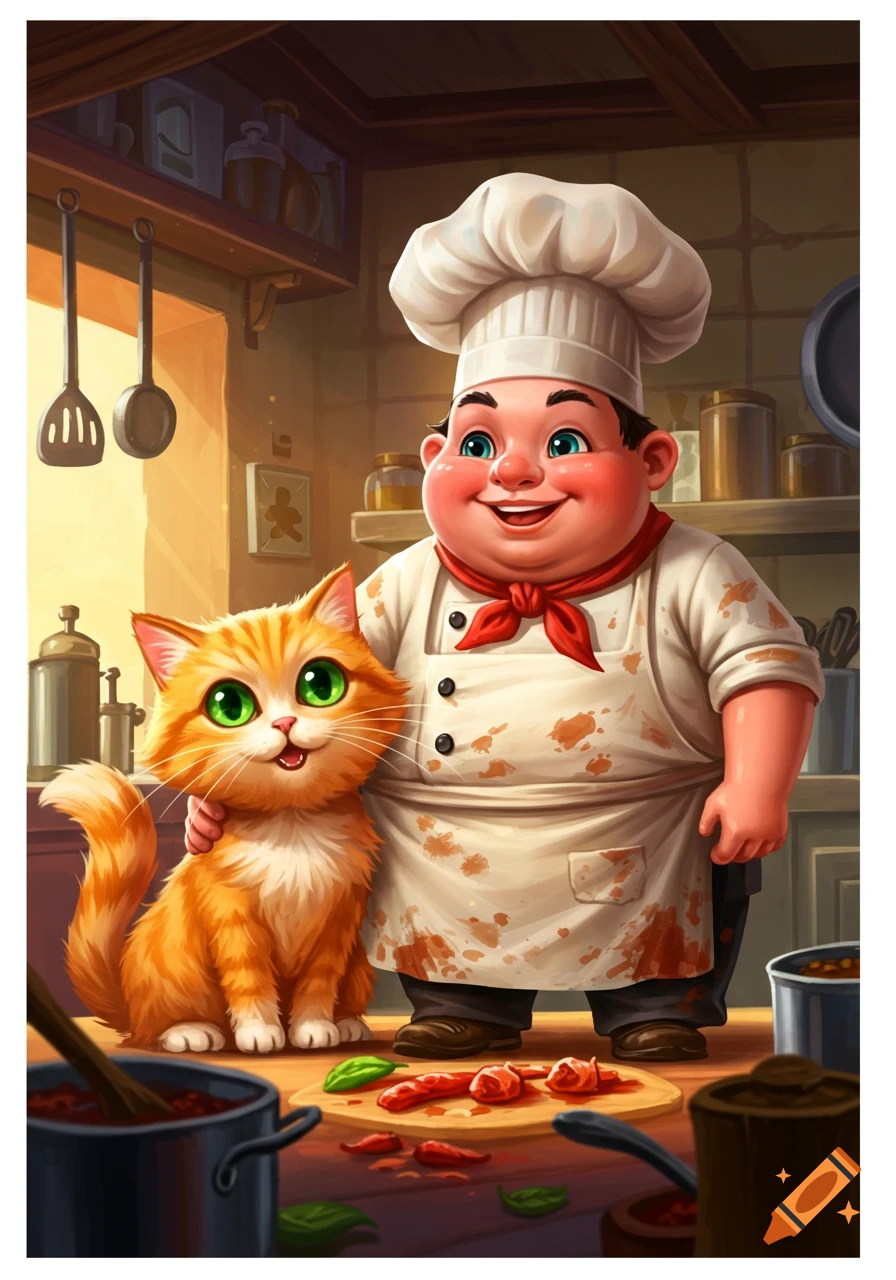 Cartoon chef with an orange cat in a kitchen.