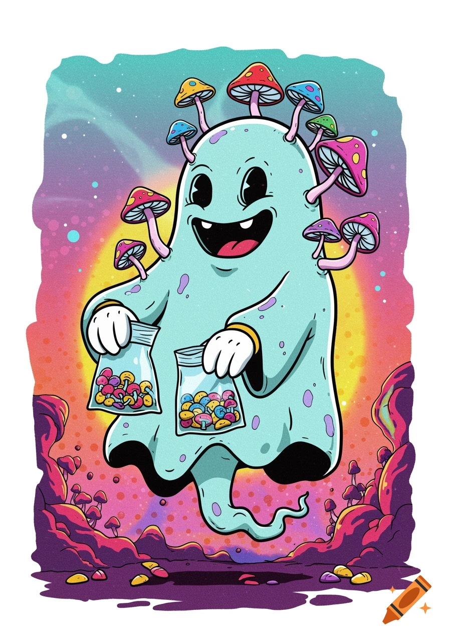 Cartoon ghost covered in mushrooms, holding bags, against a psychedelic sky.