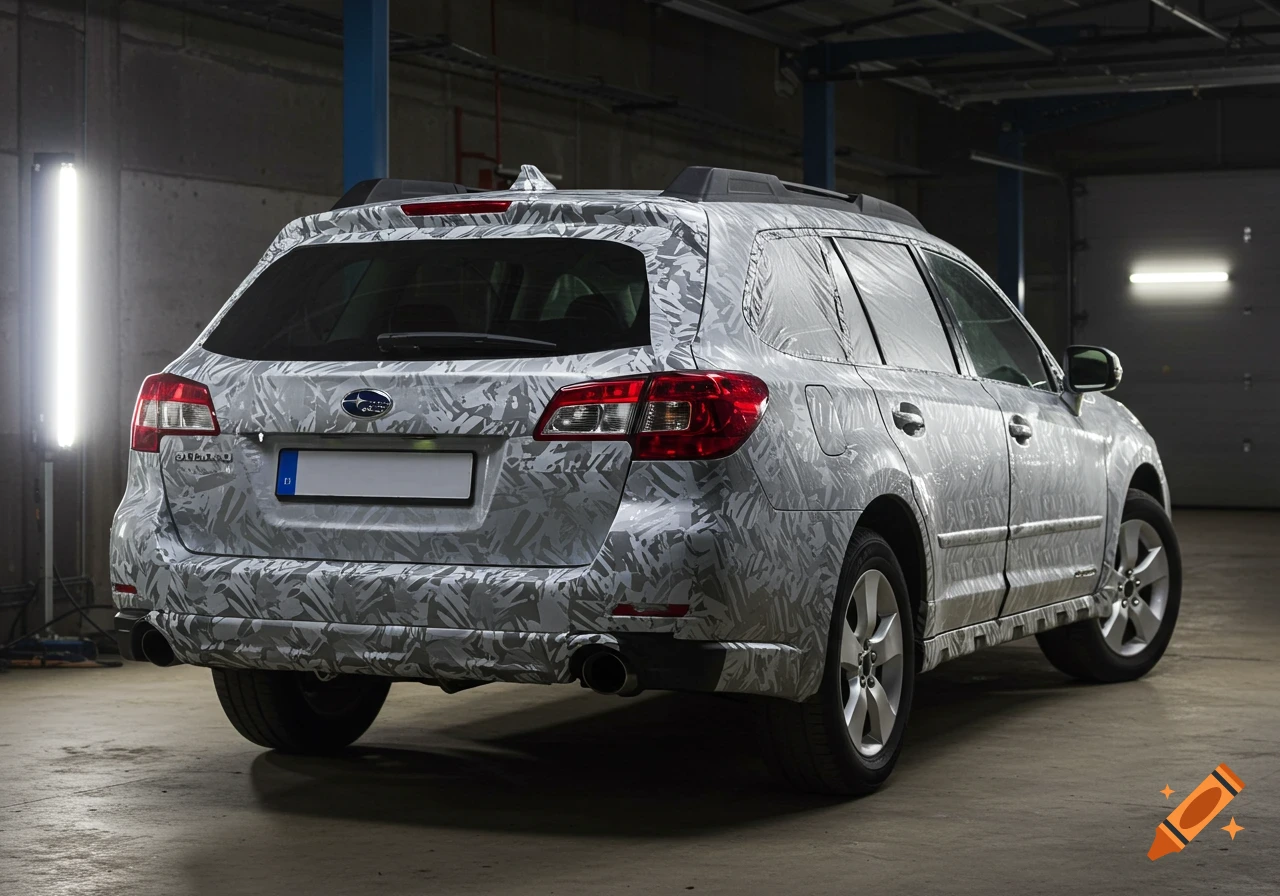 Rear view of a Subaru Outback with camouflage wrap in a garage.