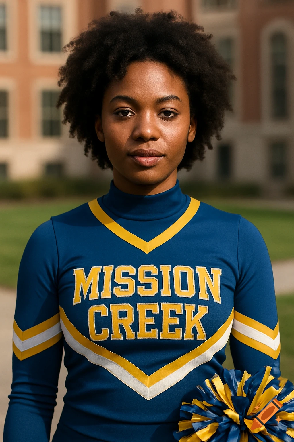 A young Black woman in a blue and yellow Mission Creek cheerleading uniform stands outdoors.