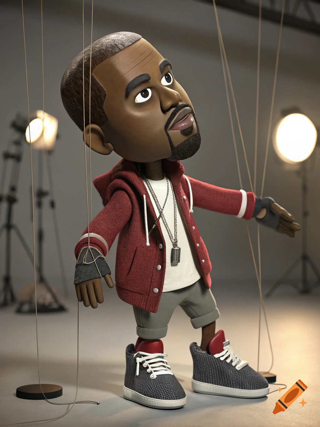 3D rendering of Kanye West as a puppet in a studio with lights.
