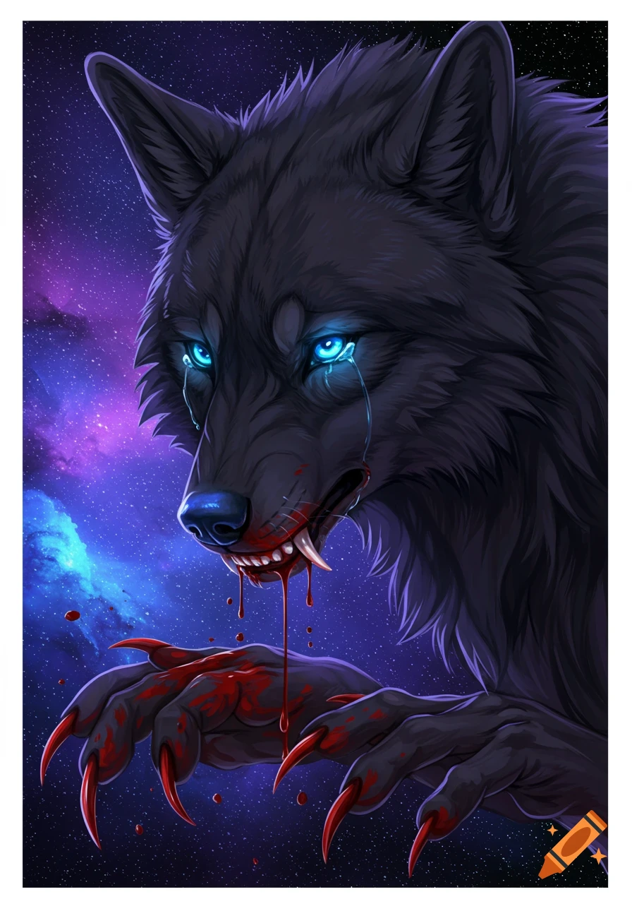 Anime style black wolf crying with blood dripping from mouth and claws against a starry galaxy background.