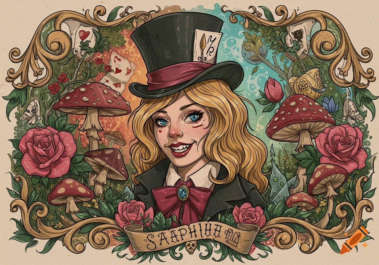 Stylized portrait of a character in a top hat surrounded by mushrooms, roses, and Alice in Wonderland elements in a tattoo style.