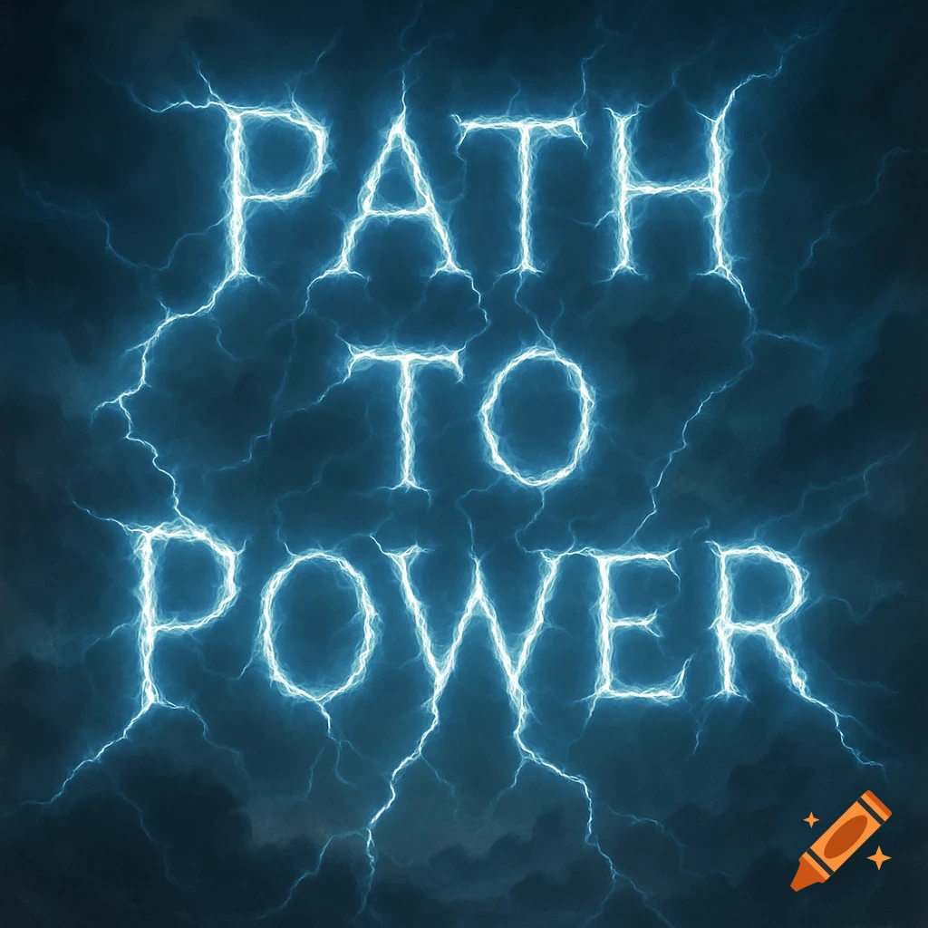 Glowing blue lightning forms the words PATH TO POWER against a dark sky.