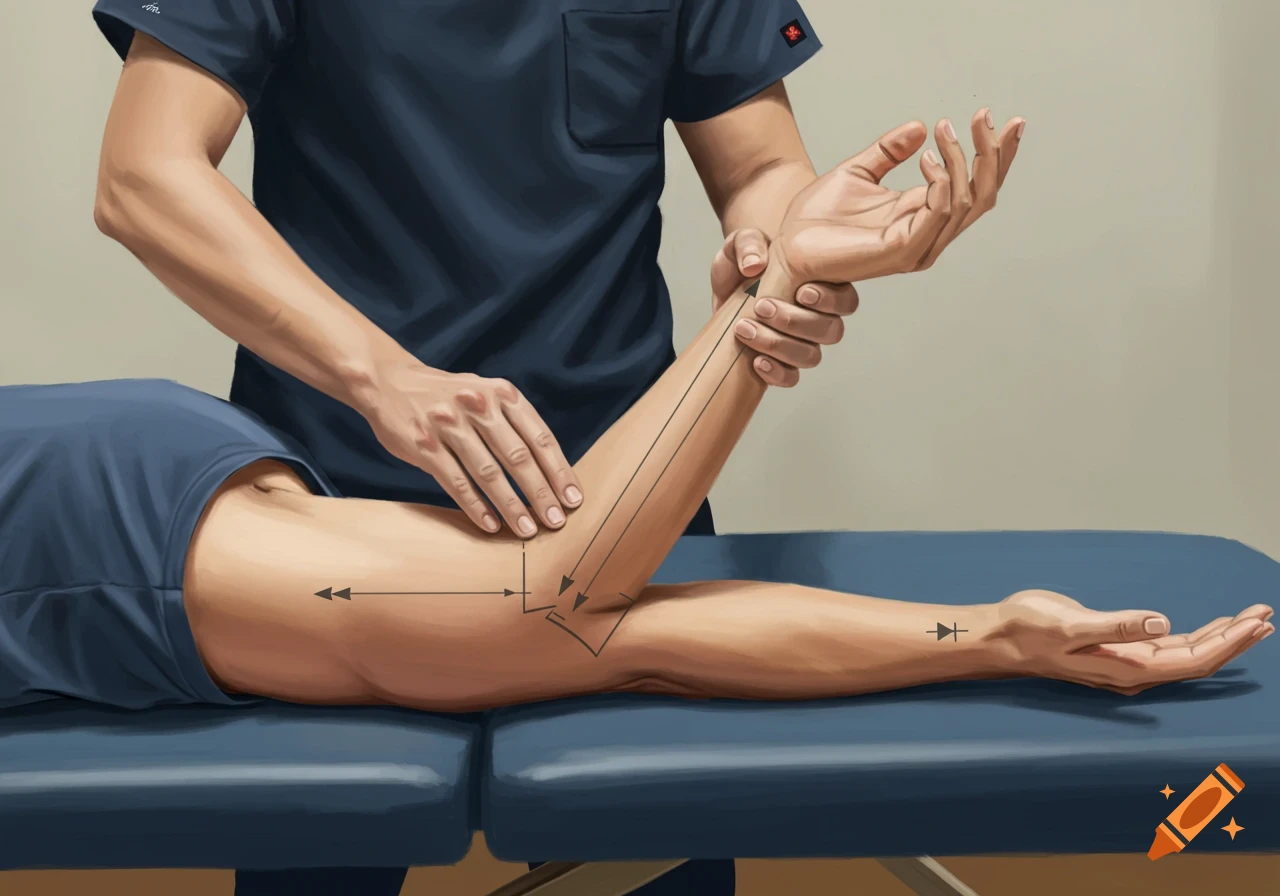 Illustration of a therapist examining a patient's arm with diagrammatic lines.