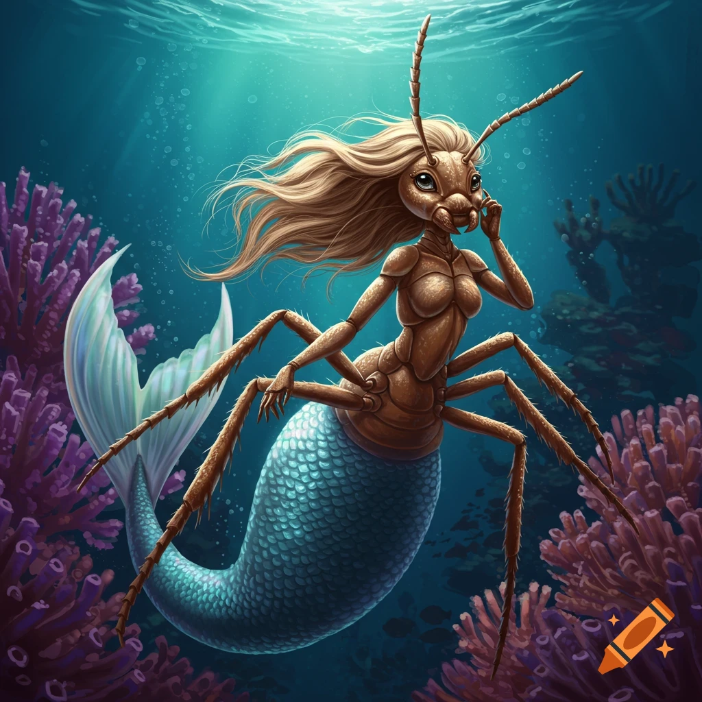 A fantasy ant-mermaid creature swims underwater among coral.