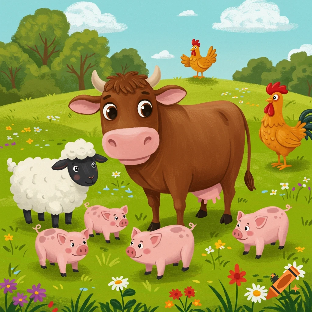 Cute illustration of a cow, sheep, pigs, and chickens in a grassy field with trees and clouds.