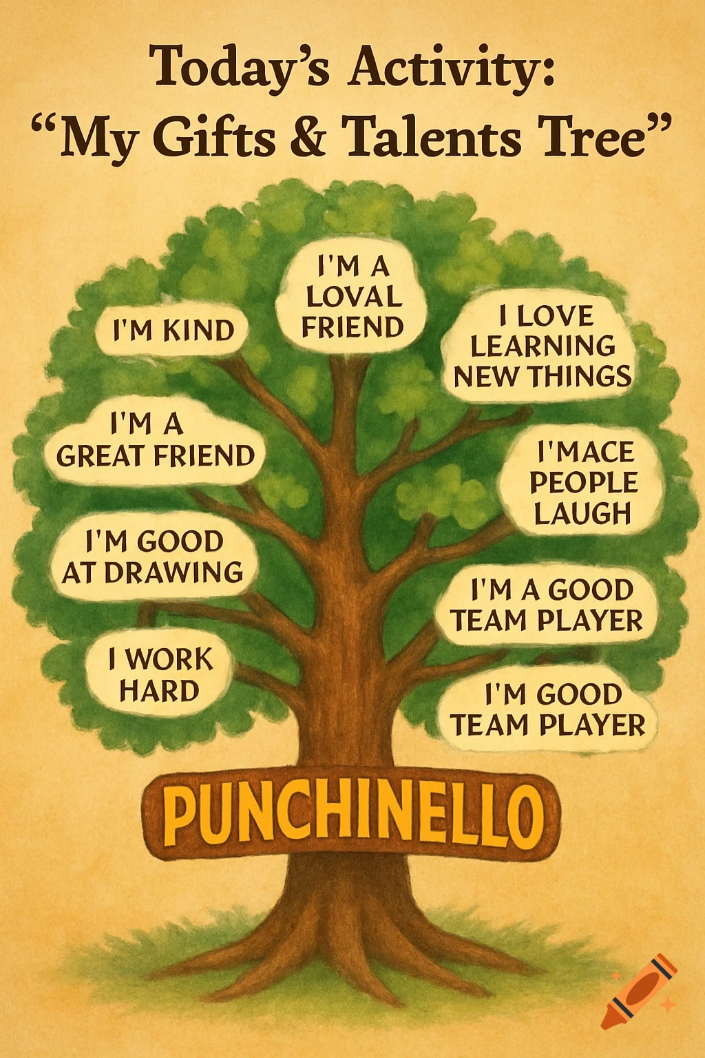 Illustration of a tree with text bubbles listing personal gifts and talents. The trunk is labeled 'PUNCHINELLO'.