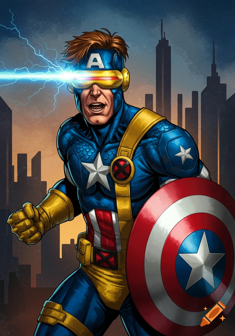 Comic art of Cyclops dressed as Captain America, firing an optic blast, holding a shield against a city skyline.