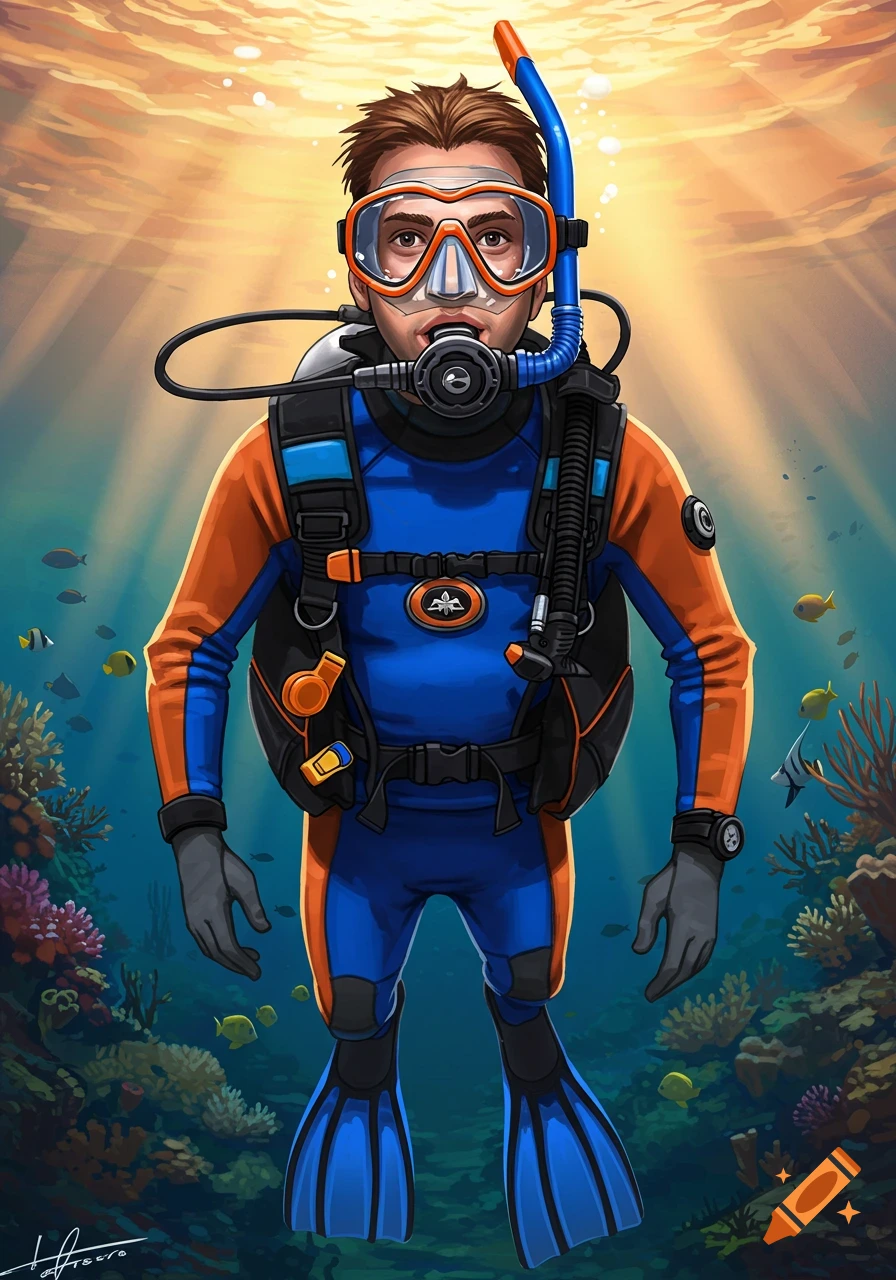 Illustration of a person in scuba gear swimming underwater among fish and coral