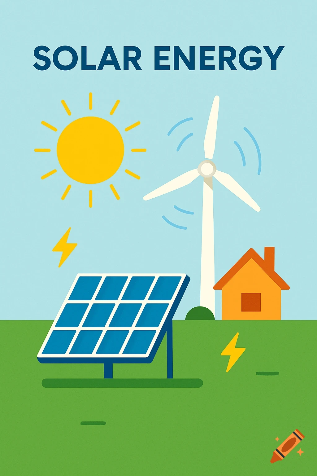 Flat illustration of solar panel, wind turbine, sun, and house with 'SOLAR ENERGY' text.