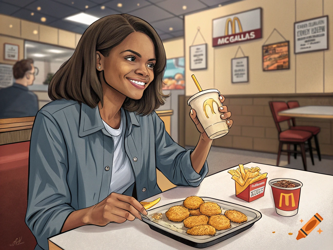 Illustration of a woman eating chicken nuggets and fries with a drink at a restaurant table.