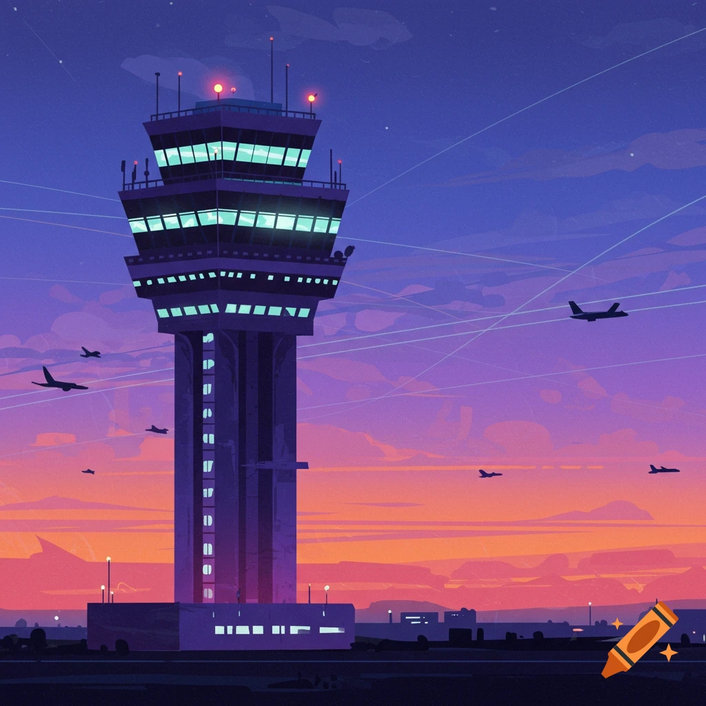 Stylized illustration of an air traffic control tower at dusk with airplanes flying in the sky.