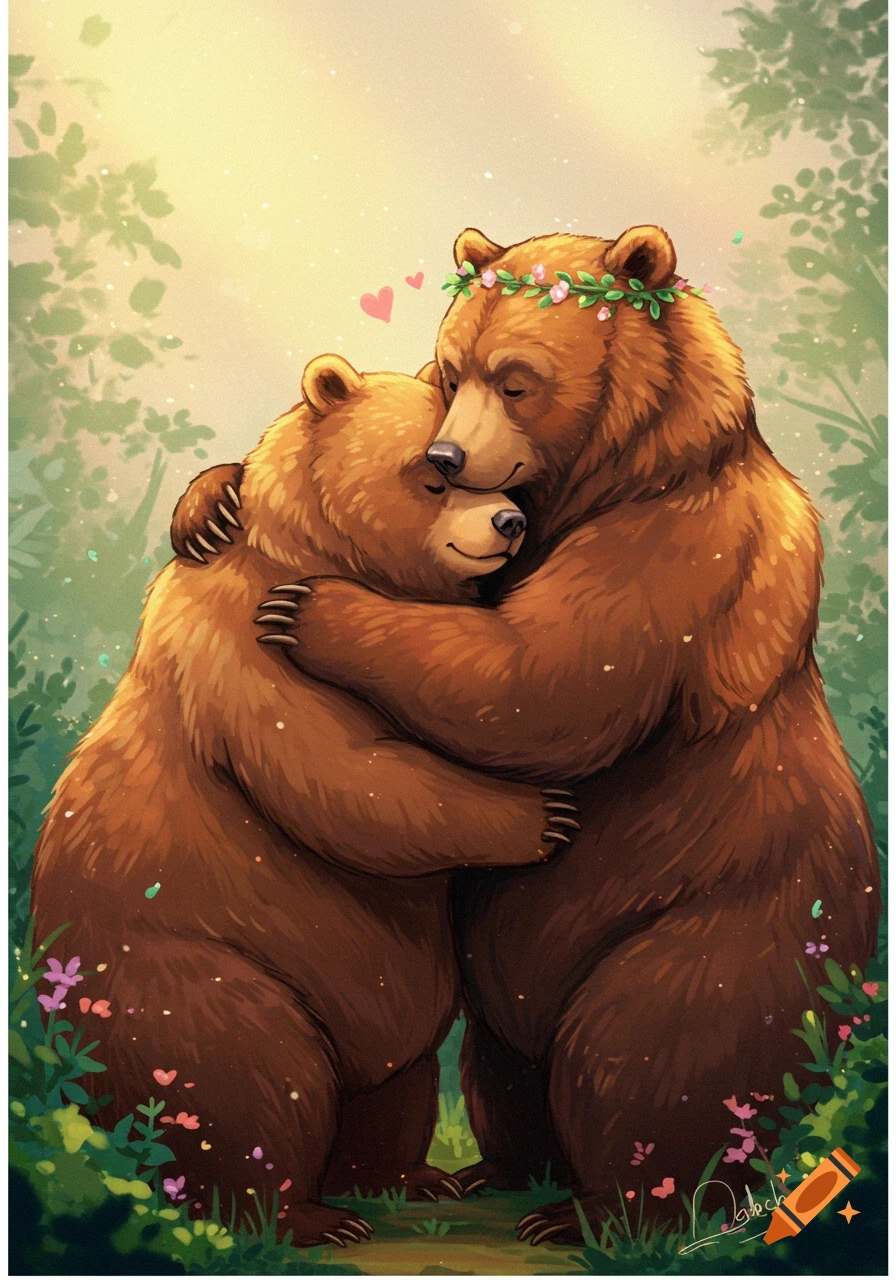 Two brown cartoon bears hugging in a forest clearing with flowers and sunlight. One bear wears a flower crown.
