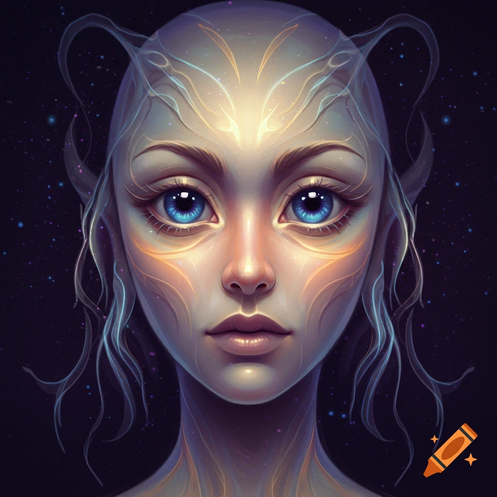 Close-up portrait of a stylized alien face with large blue eyes and glowing lines