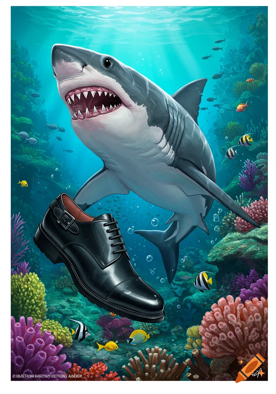A shark swims above a black dress shoe in a colorful coral reef.