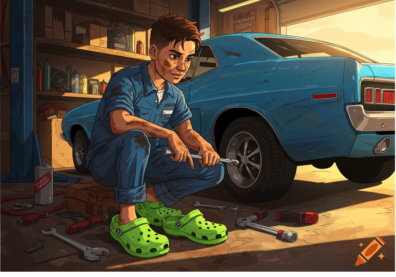 Illustration of a mechanic in blue overalls and bright green croc shoes working on a blue classic car in a garage.