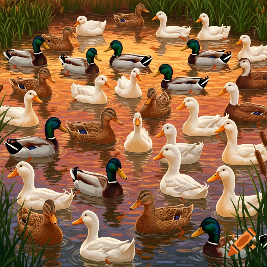 A pond filled with many mallard and white ducks, with reflections and green reeds along the edge.