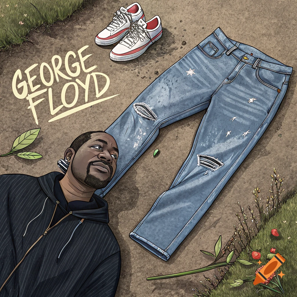 Stylized illustration of George Floyd lying on the ground with jeans and sneakers next to him, text reads GEORGE FLOYD.