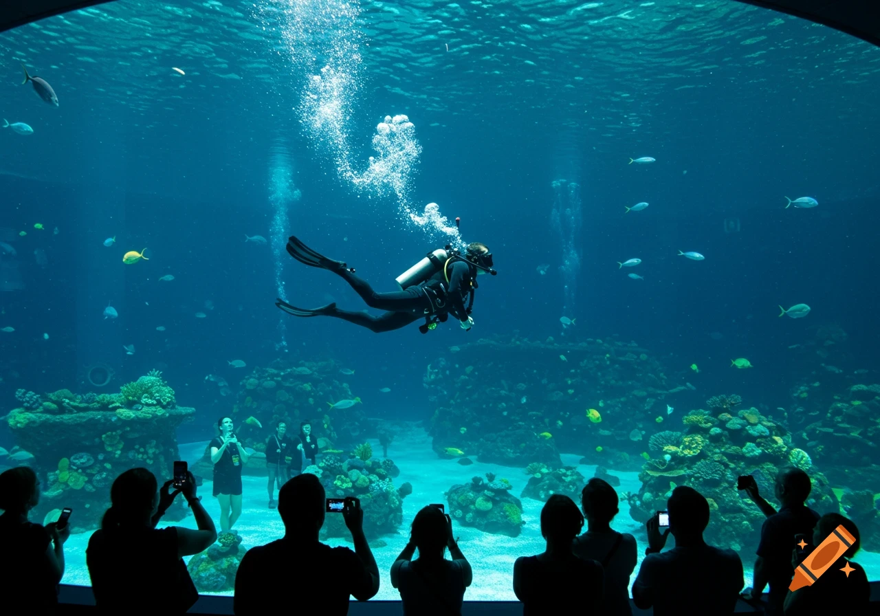 A diver swims in a large aquarium tank while people watch from the other side.