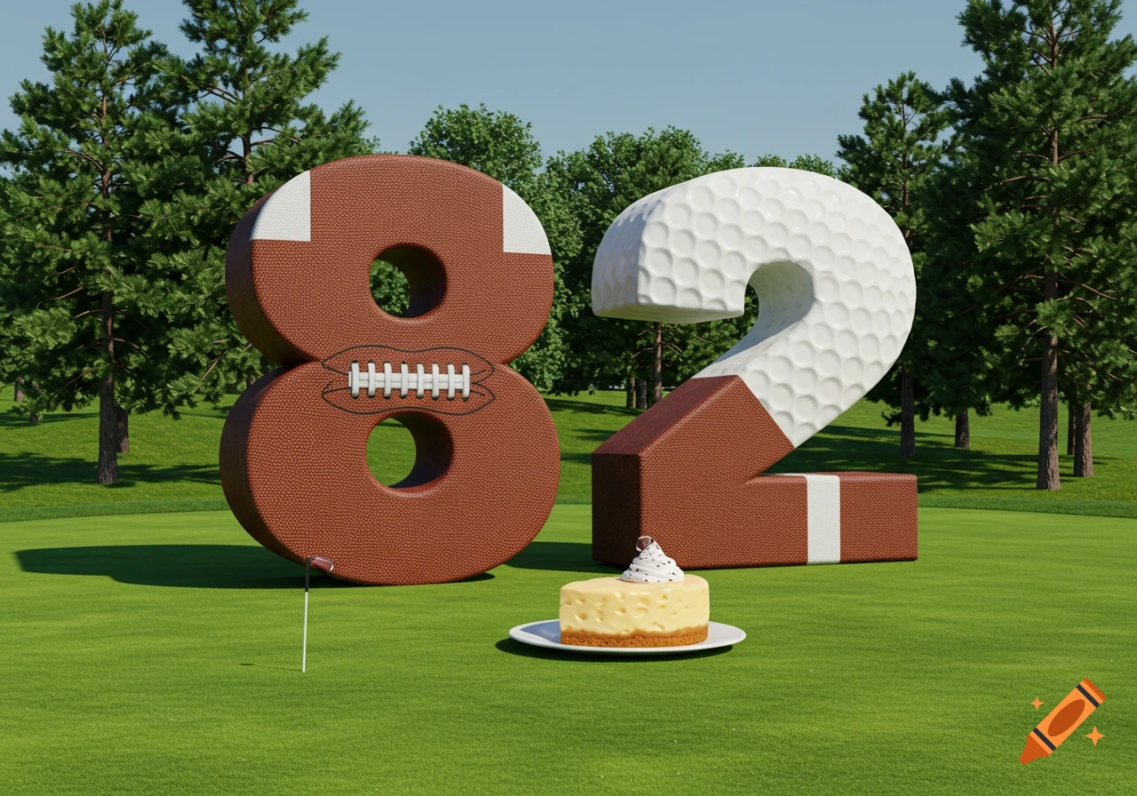 3D numbers 82 with football and golf textures on a golf course, with a cheesecake.