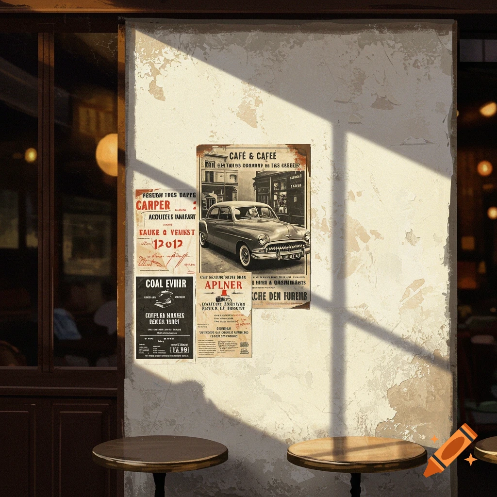 Sunlit wall outside a cafe with vintage posters and tables.