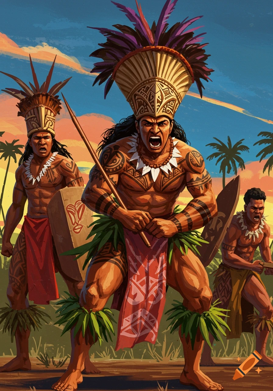 Three muscular Samoan tribal warriors in traditional attire with spears and shields against a sunset sky.