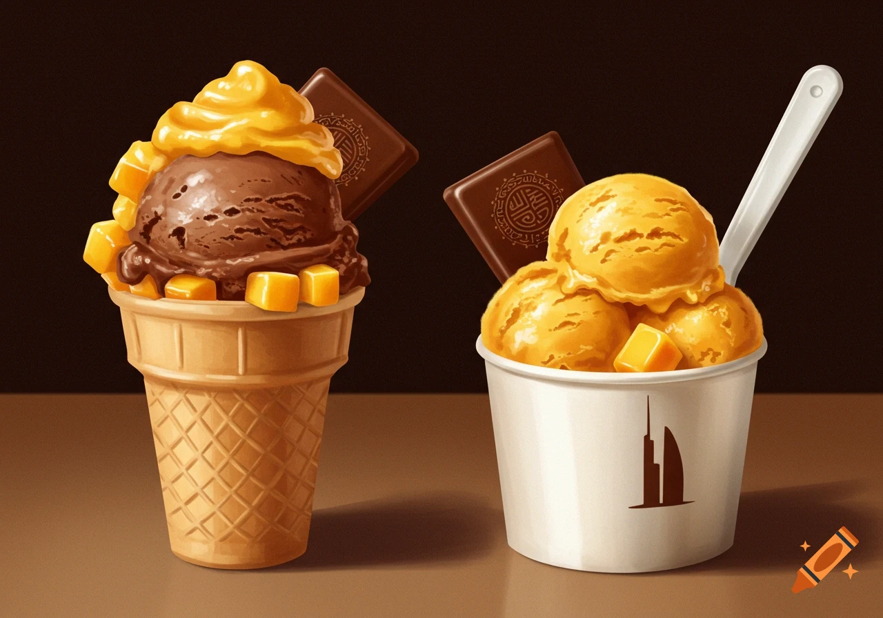 Illustration of chocolate ice cream in a cone and mango ice cream in a cup, both with caramel and chocolate.
