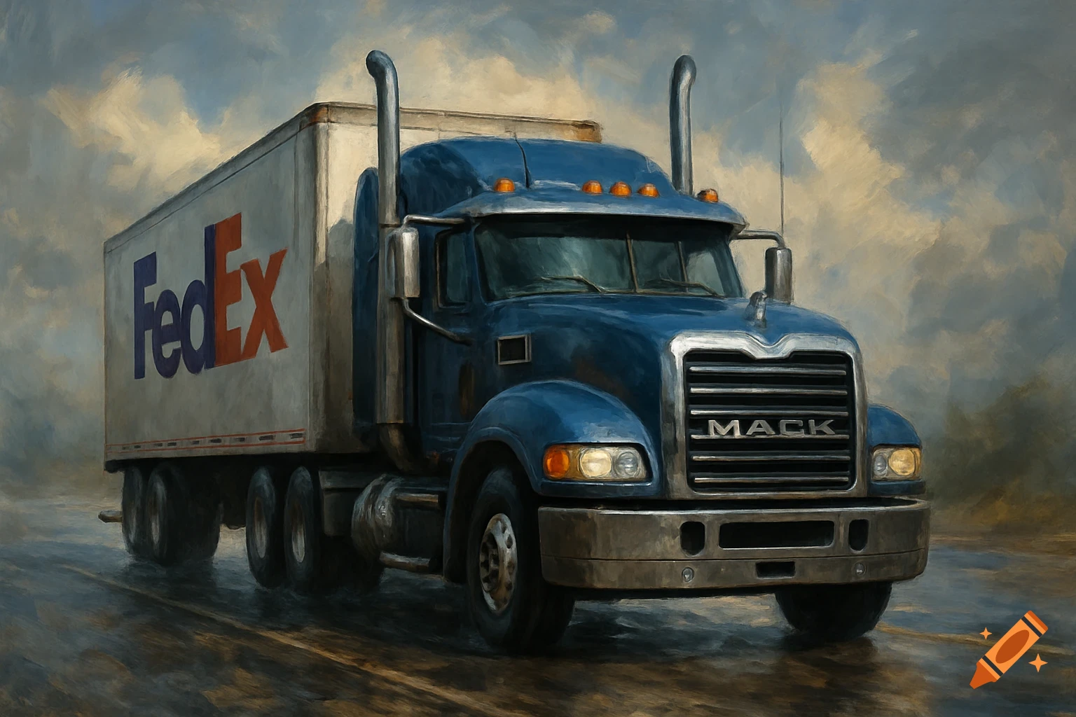 A blue Mack semi-truck pulling a FedEx trailer on a wet road, rendered in a painterly style.