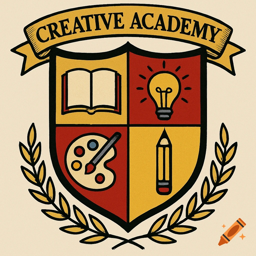 A school crest with a banner reading 'Creative Academy'. The shield is quartered, showing an open book, a lit lightbulb, a paint palette with brush, and a pencil. It is surrounded by laurel branches.