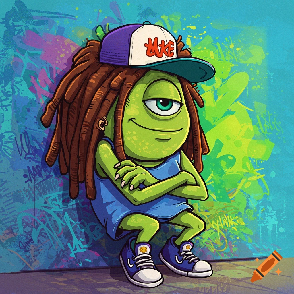 A green one-eyed monster with dreadlocks and a backwards baseball cap leans against a graffiti wall.