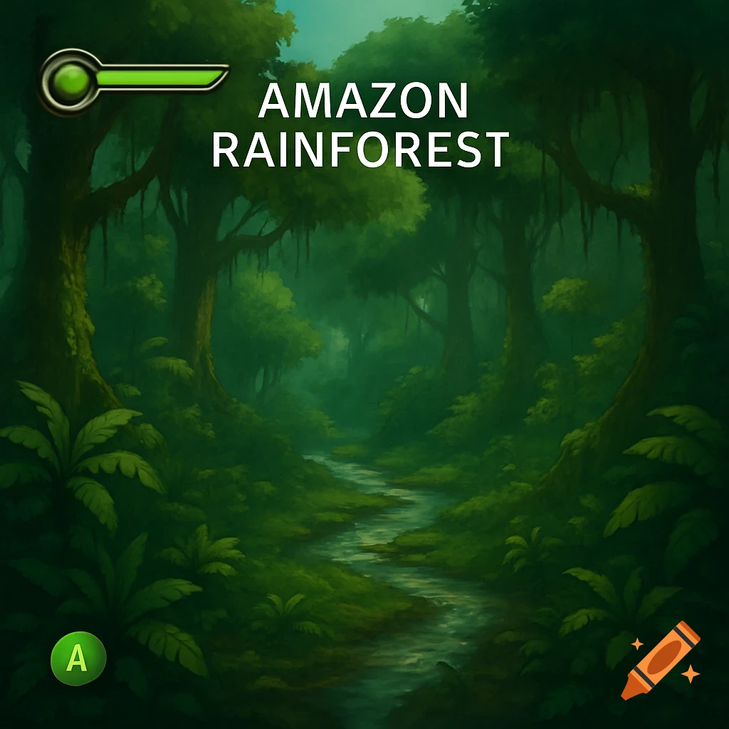 Stylized illustration of a rainforest path beside a stream, with video game UI including a health bar and text 'AMAZON RAINFOREST'.