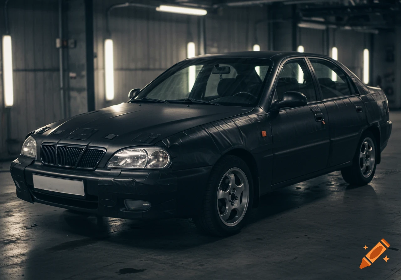 A black car sits in a dimly lit garage.
