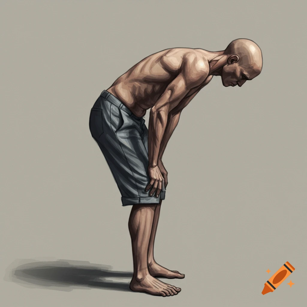 Stylized illustration of a bald person stooped over with hands on knees.