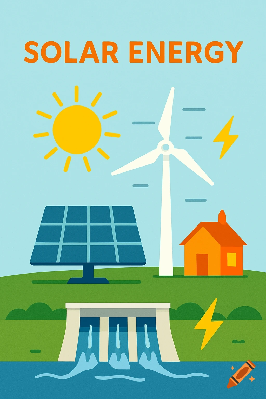 Flat illustration of solar energy with sun, solar panel, turbine, house, dam, and text.