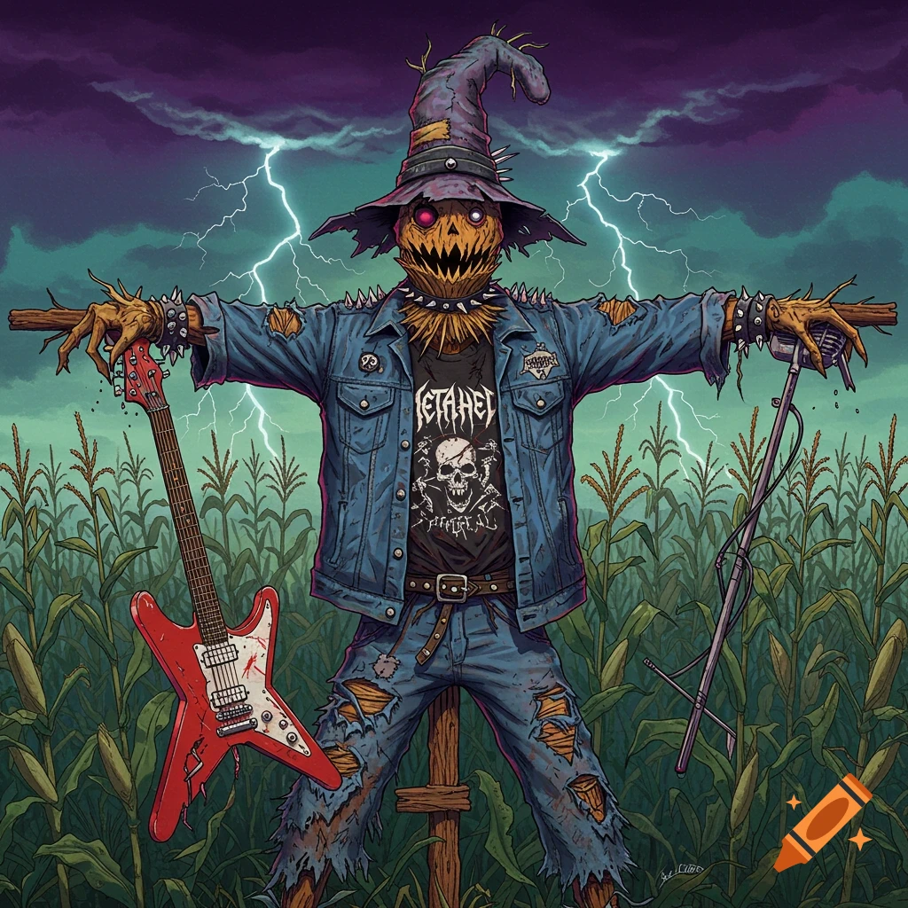 Metalhead scarecrow in a cornfield during a storm with lightning, holding a guitar and standing by a microphone stand.