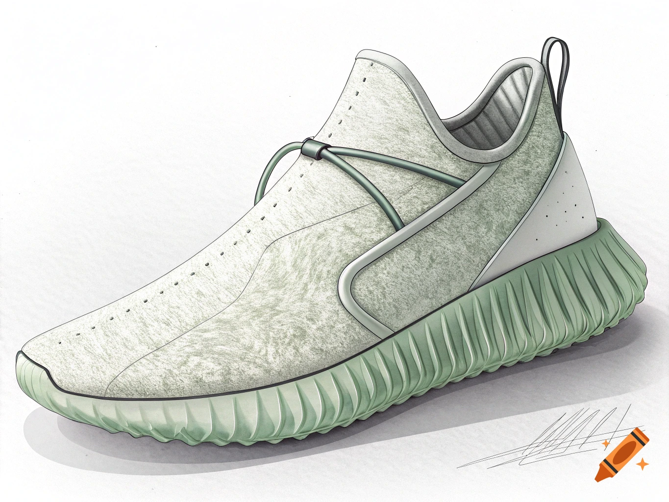 A futuristic laceless concept shoe design with a green squishy sole, illustrated in a sketch style.