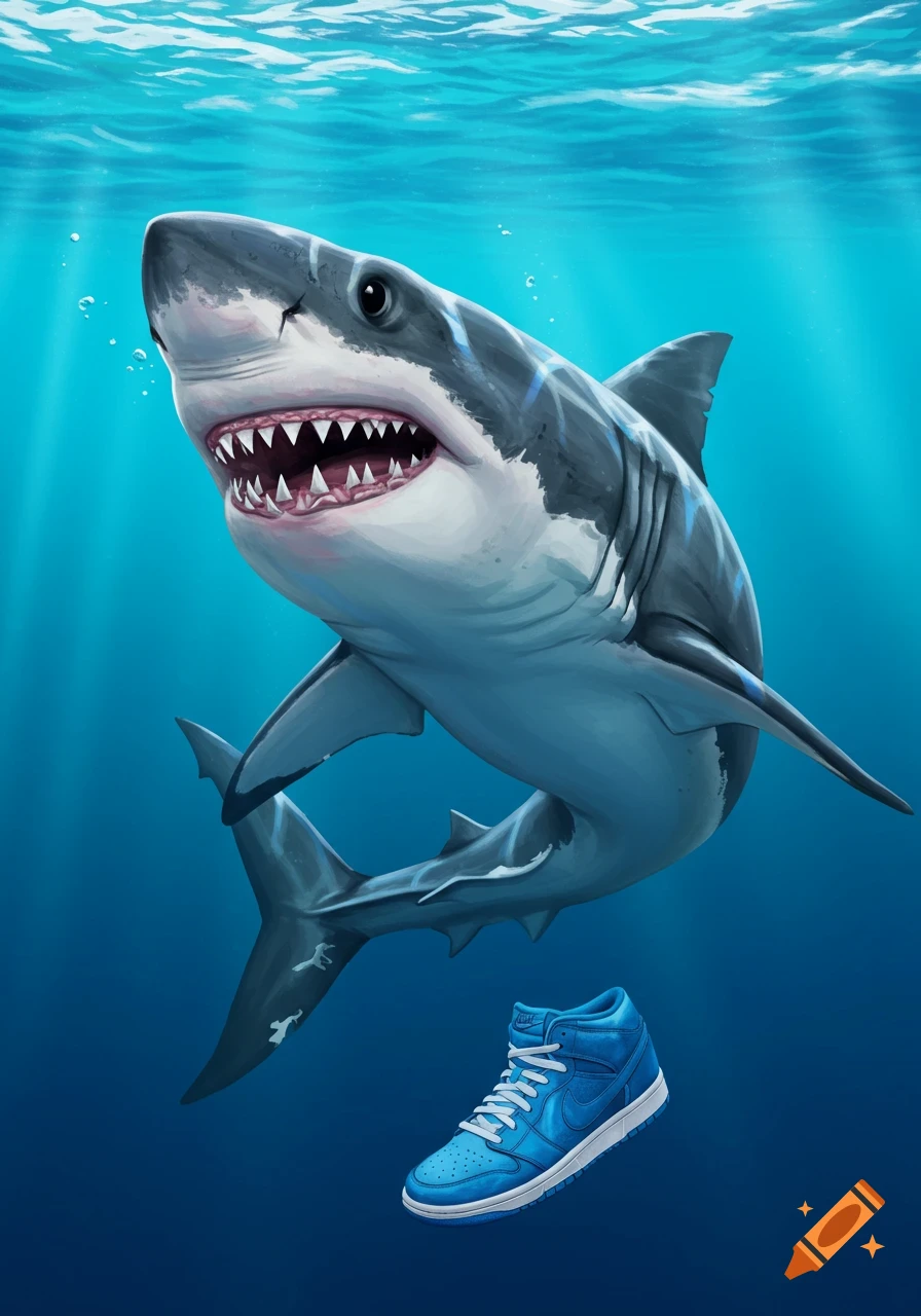 An illustration of a great white shark swimming underwater next to a blue high-top sneaker.