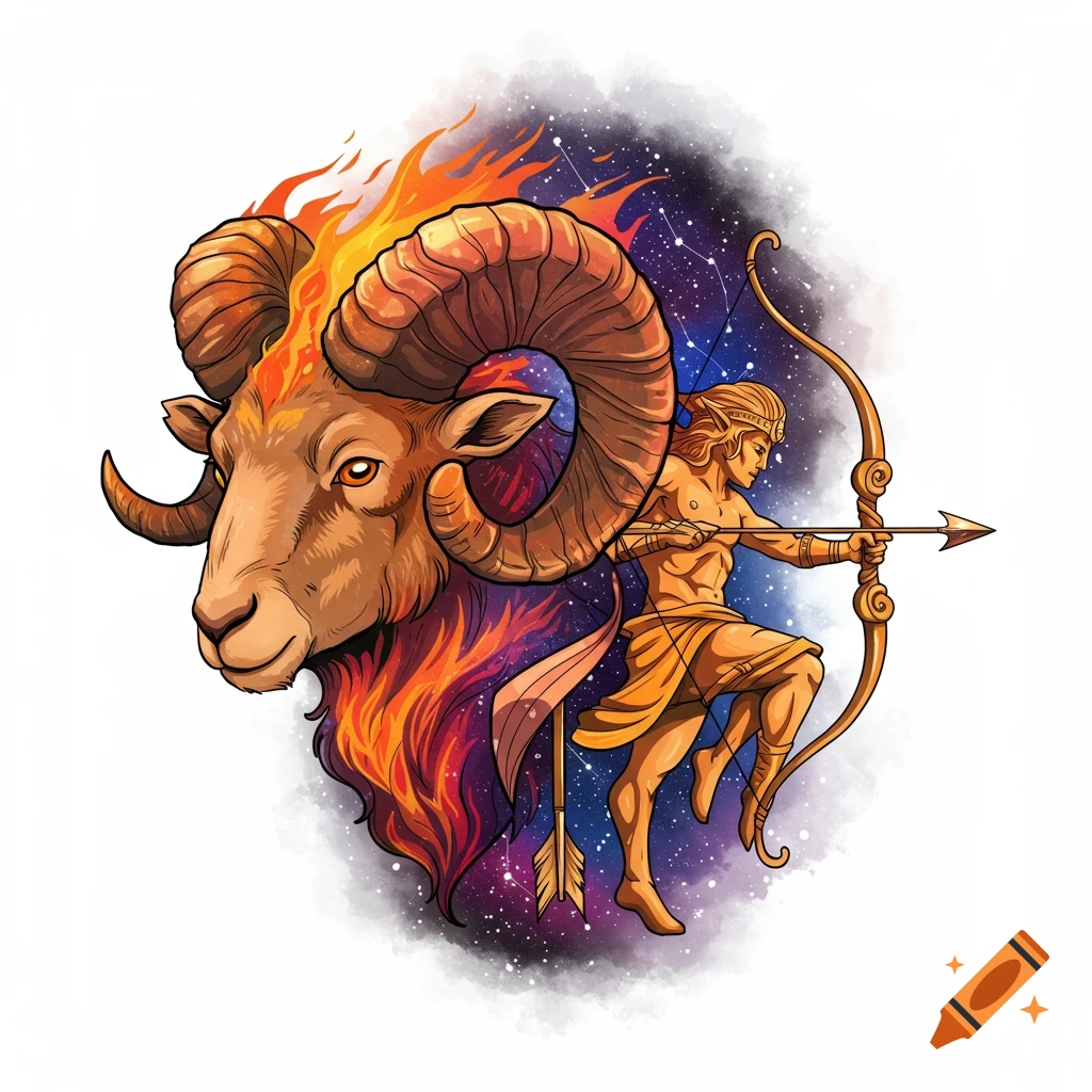 Aries ram head with flames and Sagittarius archer against starry background