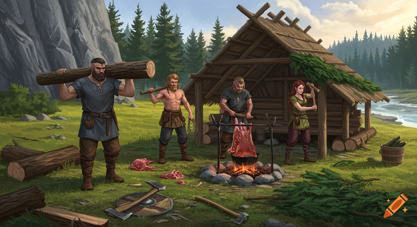 Digital painting of people building a log structure and cooking meat in a forest clearing.