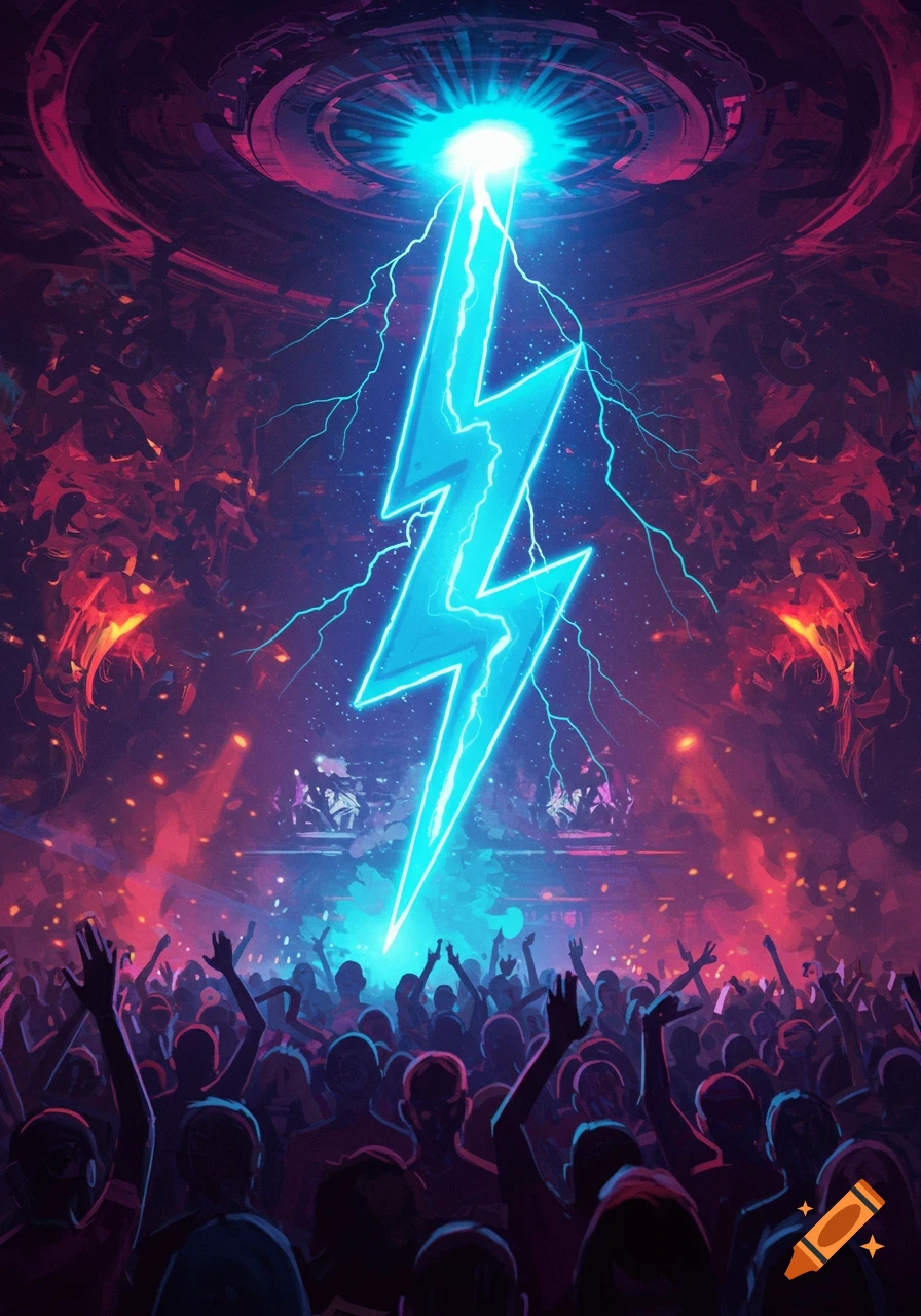 A giant neon blue lightning bolt strikes over a crowded rave with red lighting and raised hands.