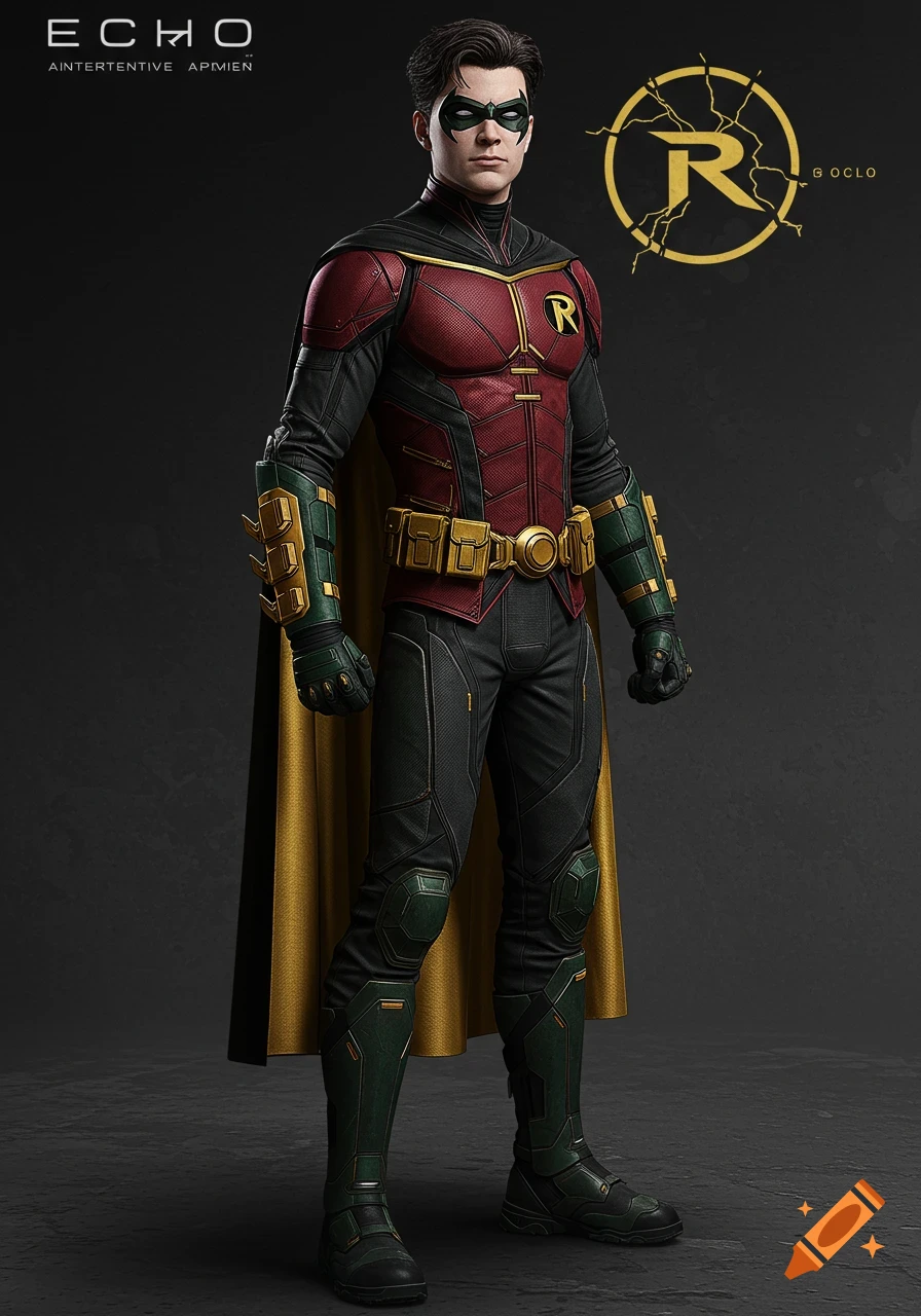 A character in a modern Robin suit stands against a dark background.