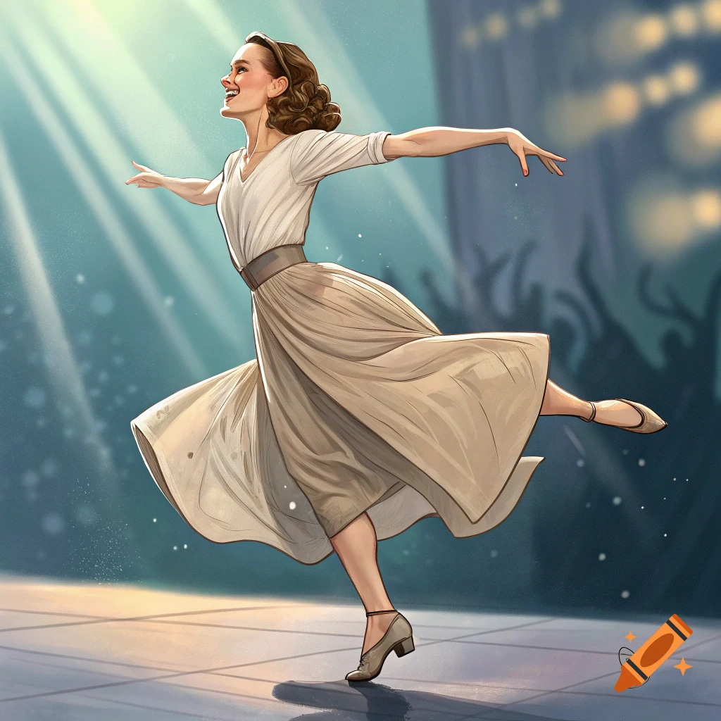 Stylized illustration of a woman joyfully dancing on a stage.