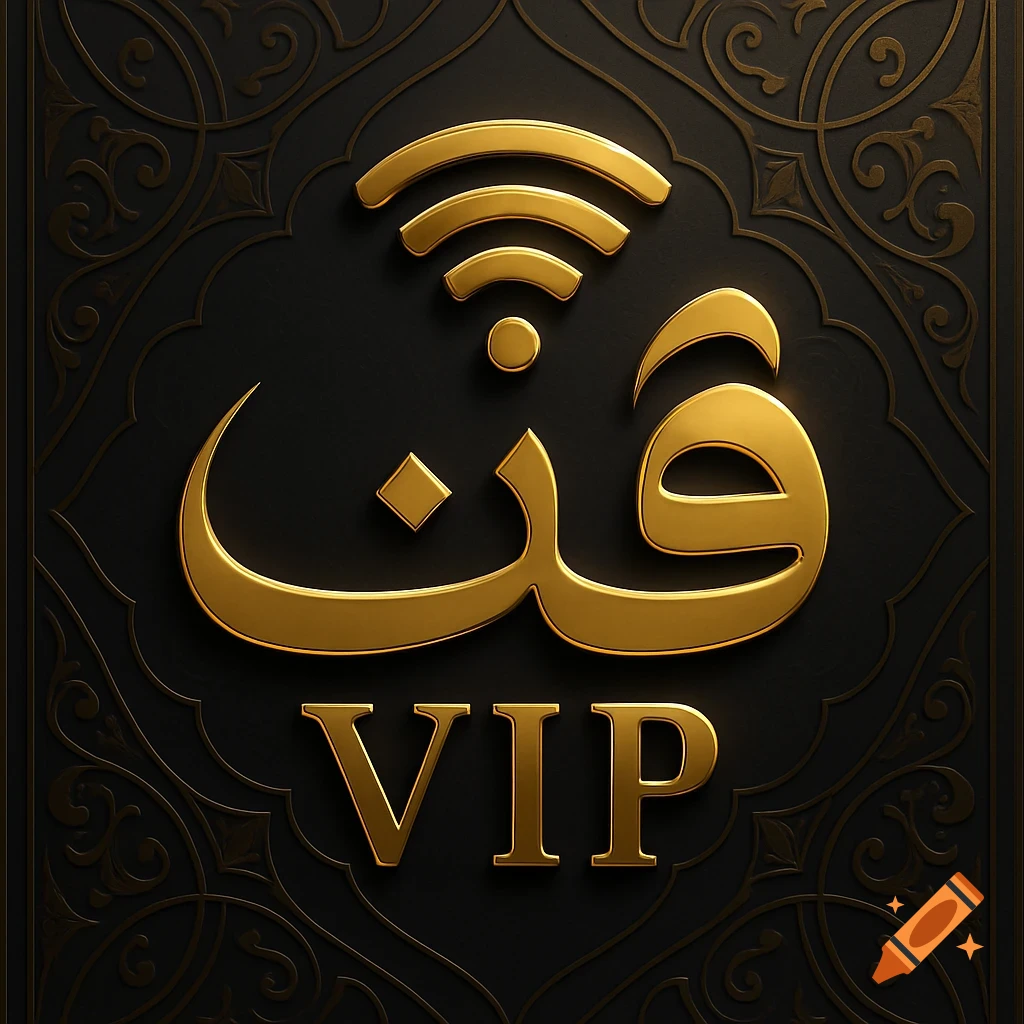 Golden VIP WiFi logo with Arabic calligraphy and black arabesque background.