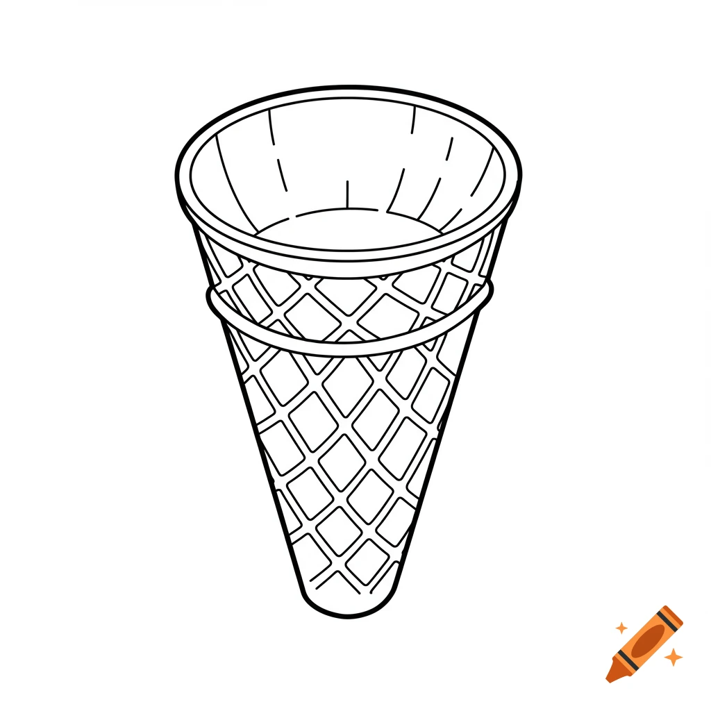 Line drawing of an empty ice cream cone, coloring page style.
