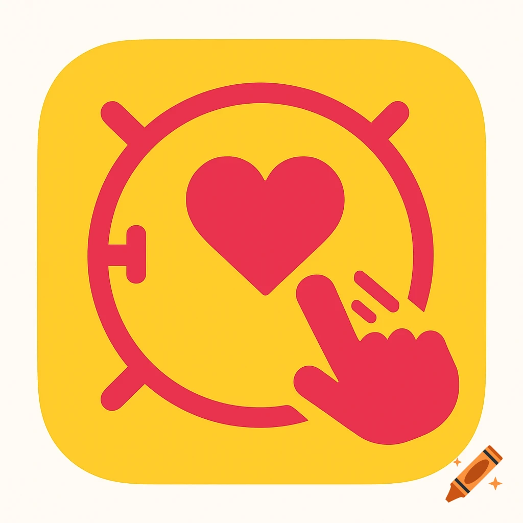 Graphic app icon with red heart and hand pointing inside a circle on a yellow background.