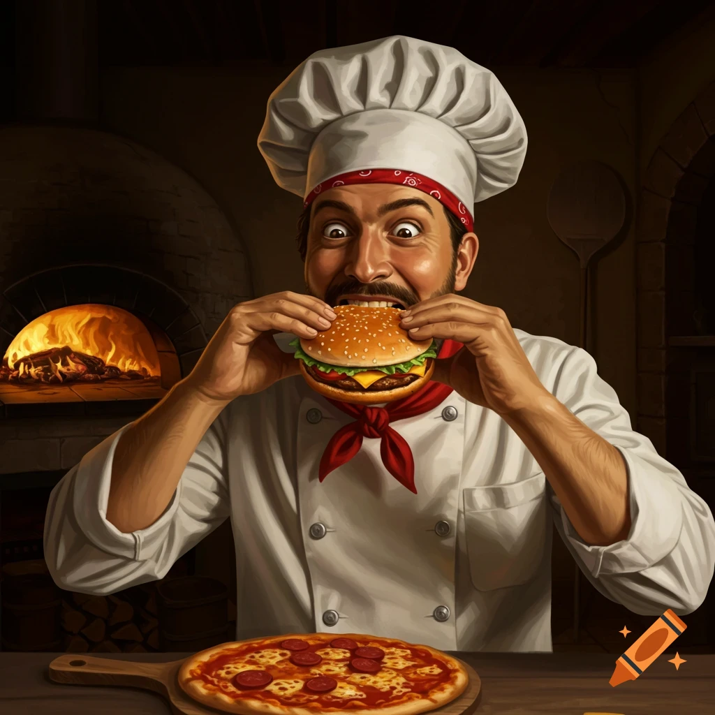 Chef enthusiastically eating a hamburger with pizza and a pizza oven nearby, illustration