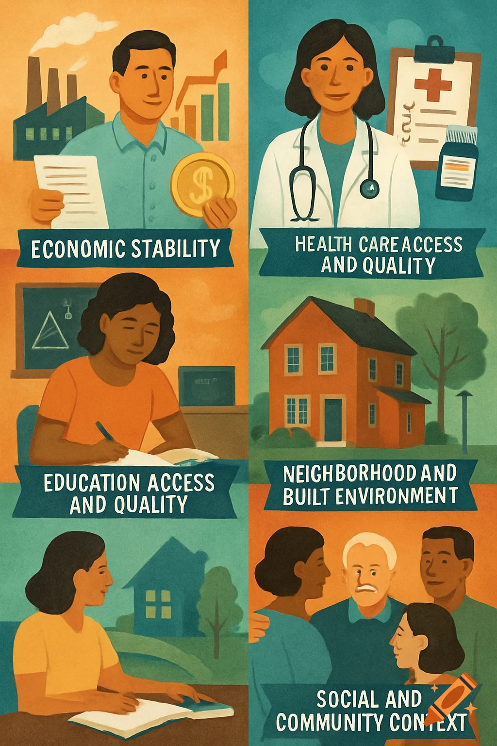 Multi-panel illustration depicting economic stability, healthcare, education, environment, and community context.