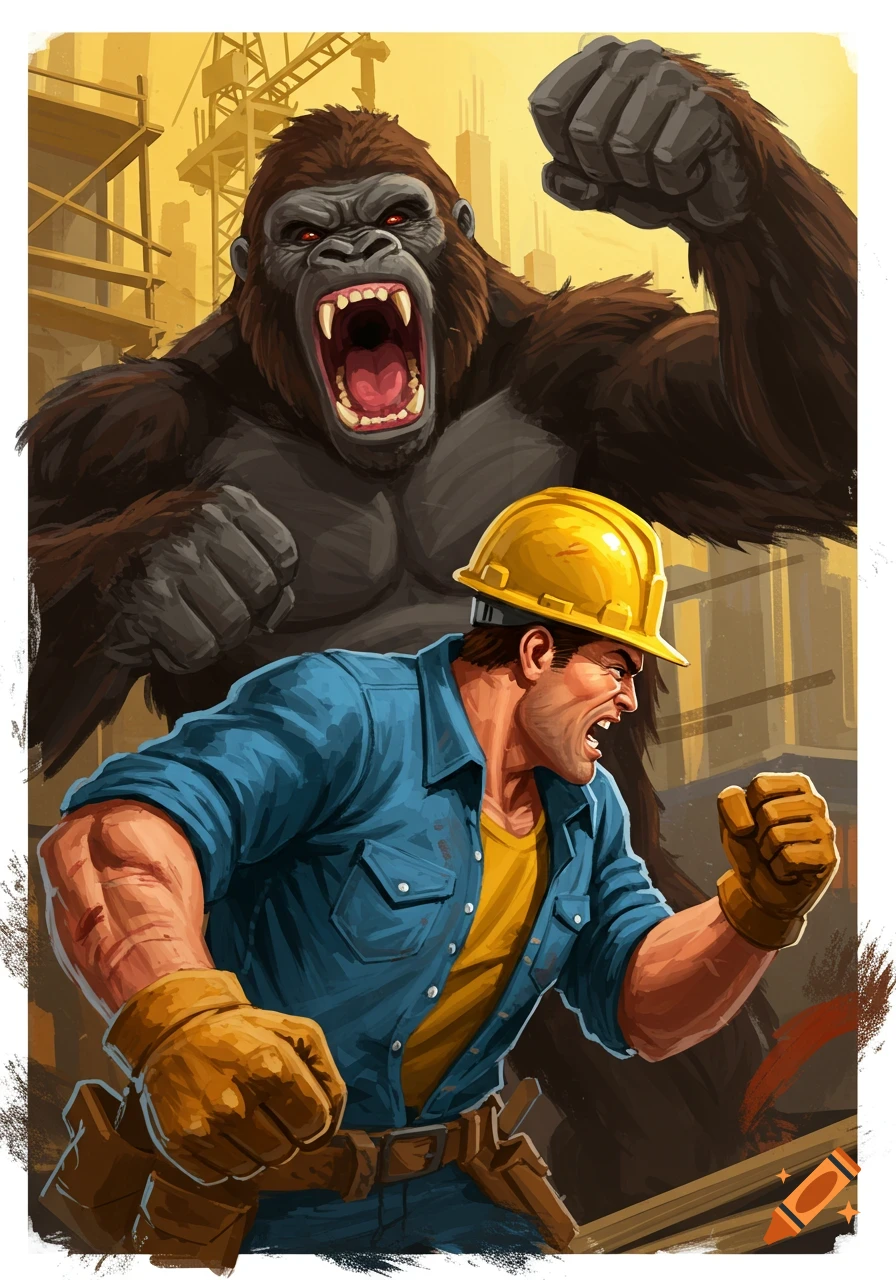 Illustration of a construction worker facing off against a giant gorilla.